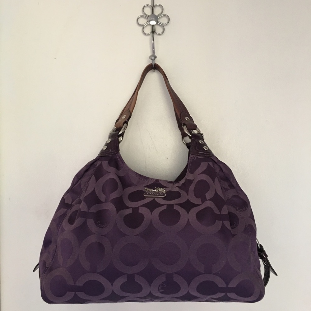 Coach Shoulder Handbag Purse Monogram Logo Purple 2 Strap Fabric Jacquard Large